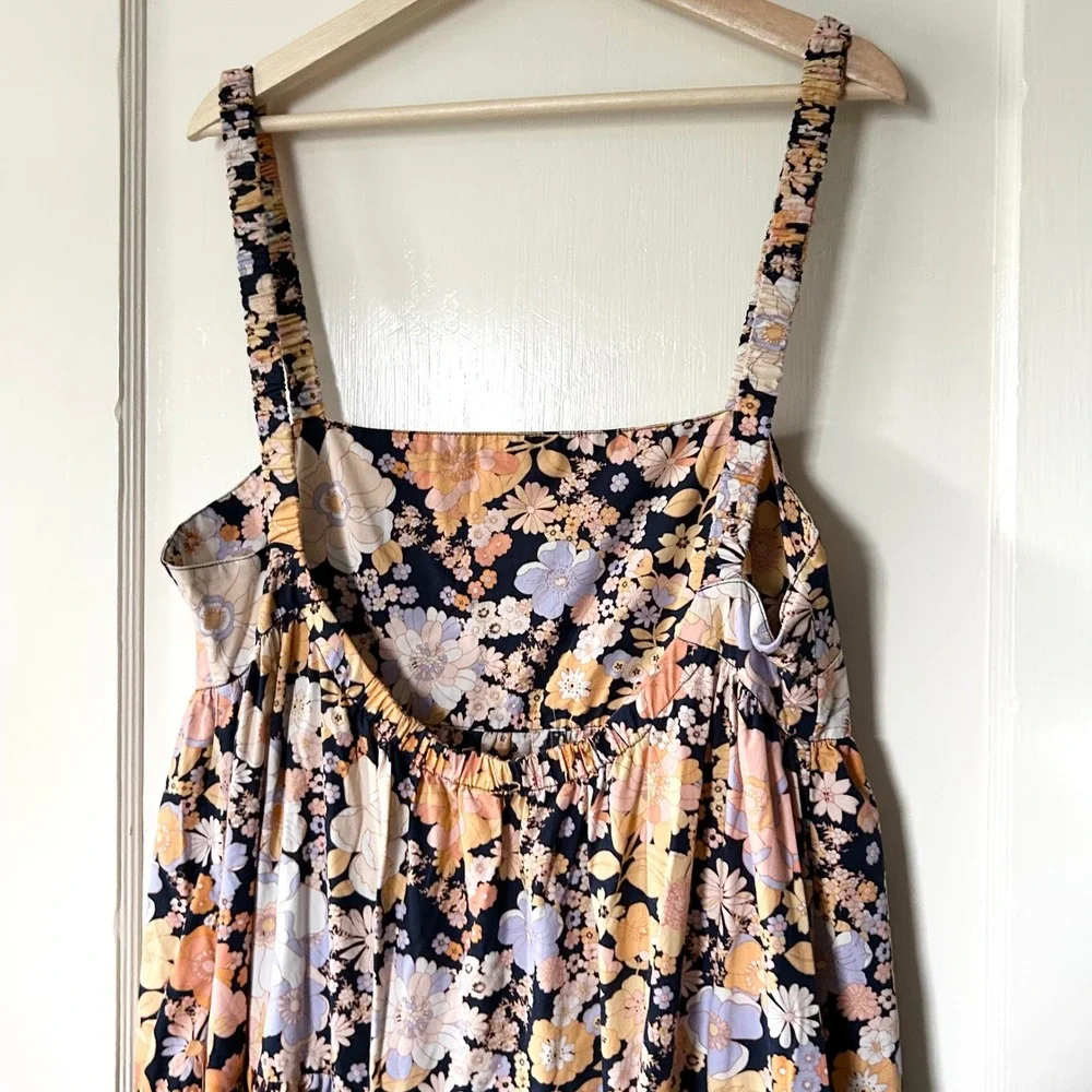 Free People Park Slope Floral Cotton Maxi Dress Navy Combo M Summer Vacation